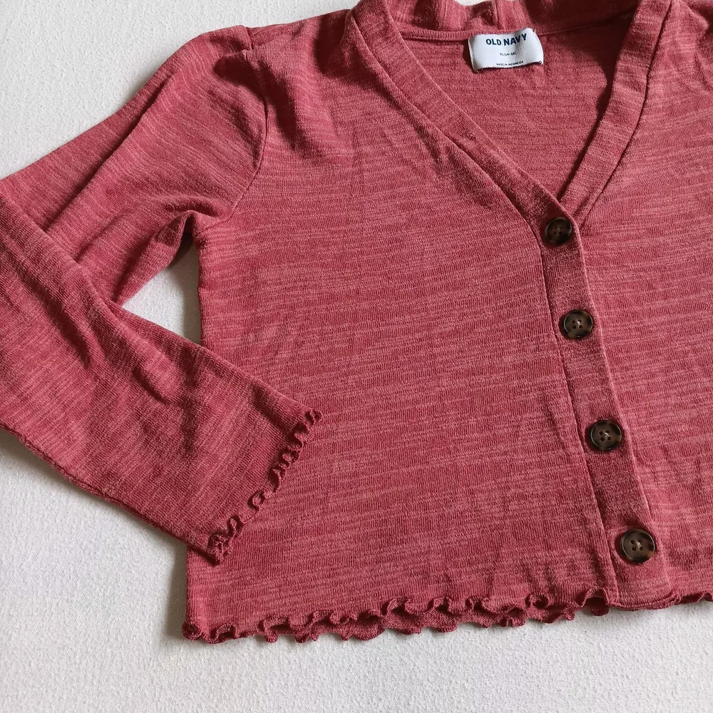 Old Navy Pink Button Down Sweater With Ruffles